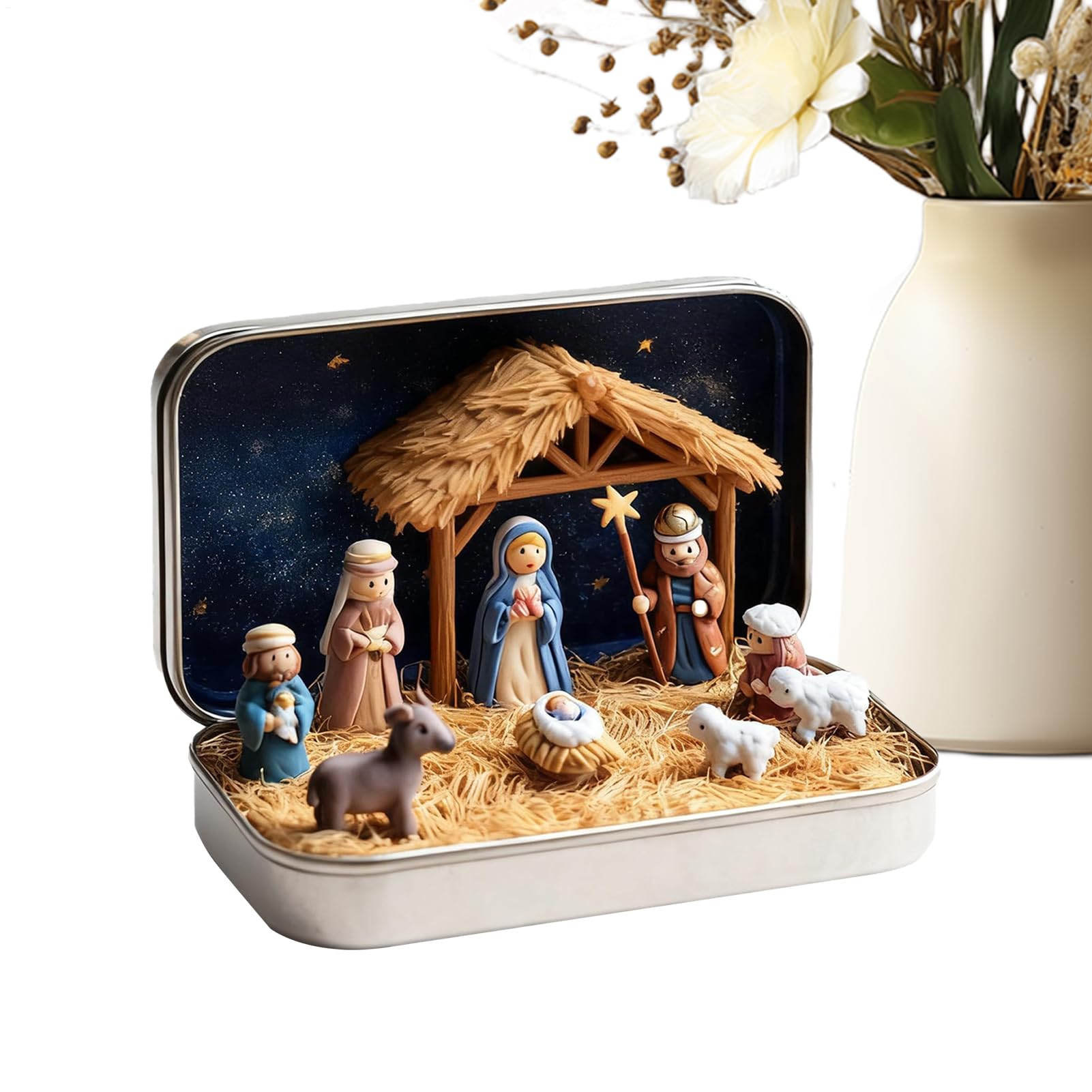 Ornement religieux crèche miniature en boîte métallique de collection