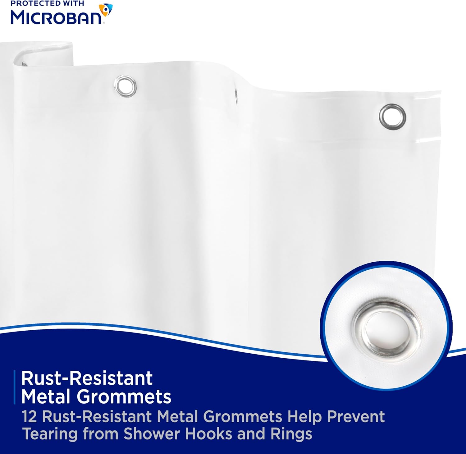 Kenney - Microban PEVA Shower Curtain Liner, Waterproof Medium-Weight 8 Gauge Design with Rust-Resistant Metal Grommets and Weighted Magnetic Hem, 70" x 72", White