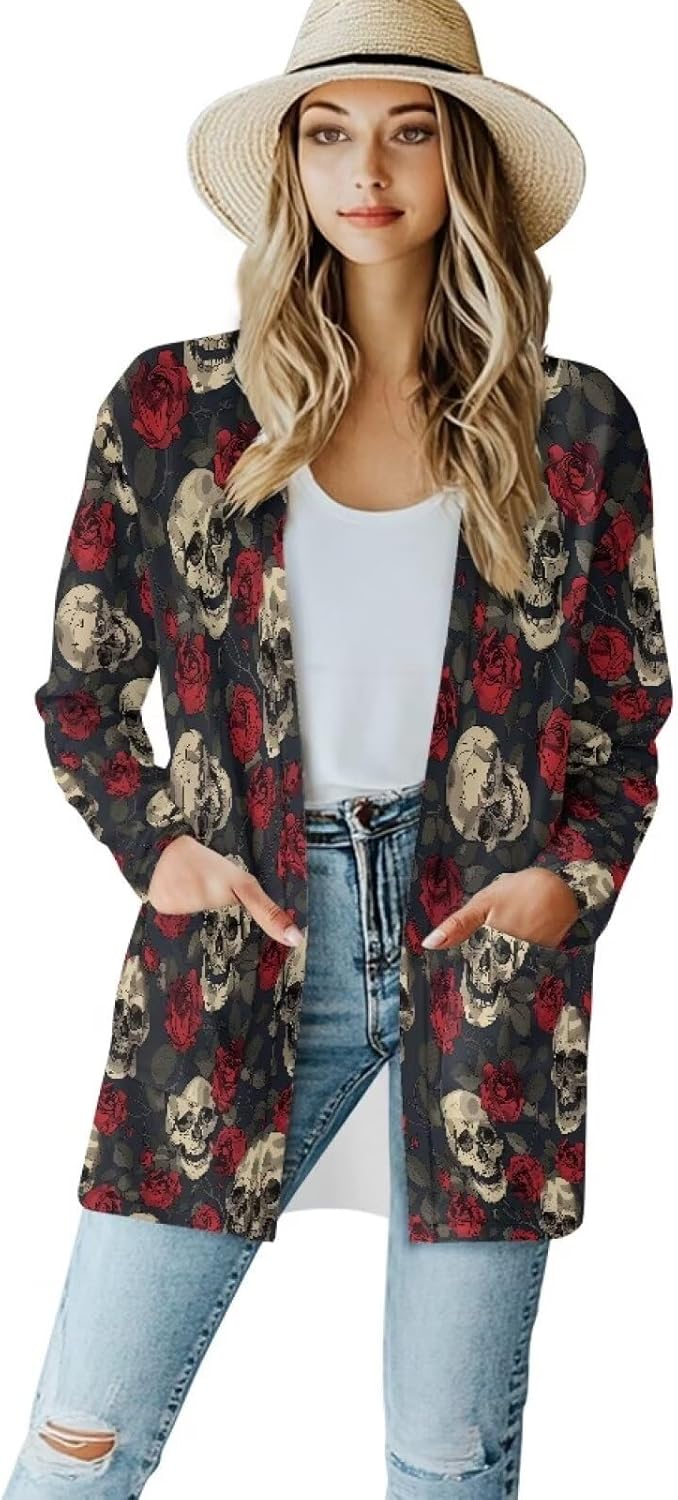 Gothic Skull Women Cardigan Sweaters Casual Open Front Cardigans Soft Draped Long Sleeve Jackets Dusters V-Neck Tops