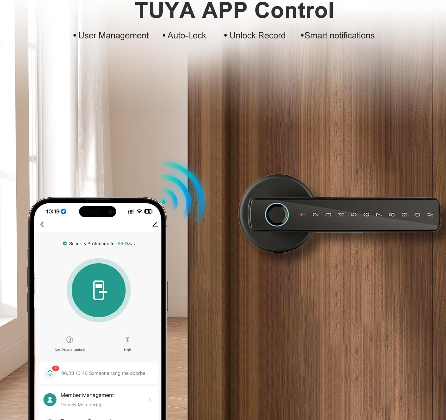 Smartphone screen showing TUYA app interface for Makayuron CS09 Smart Door Lock control