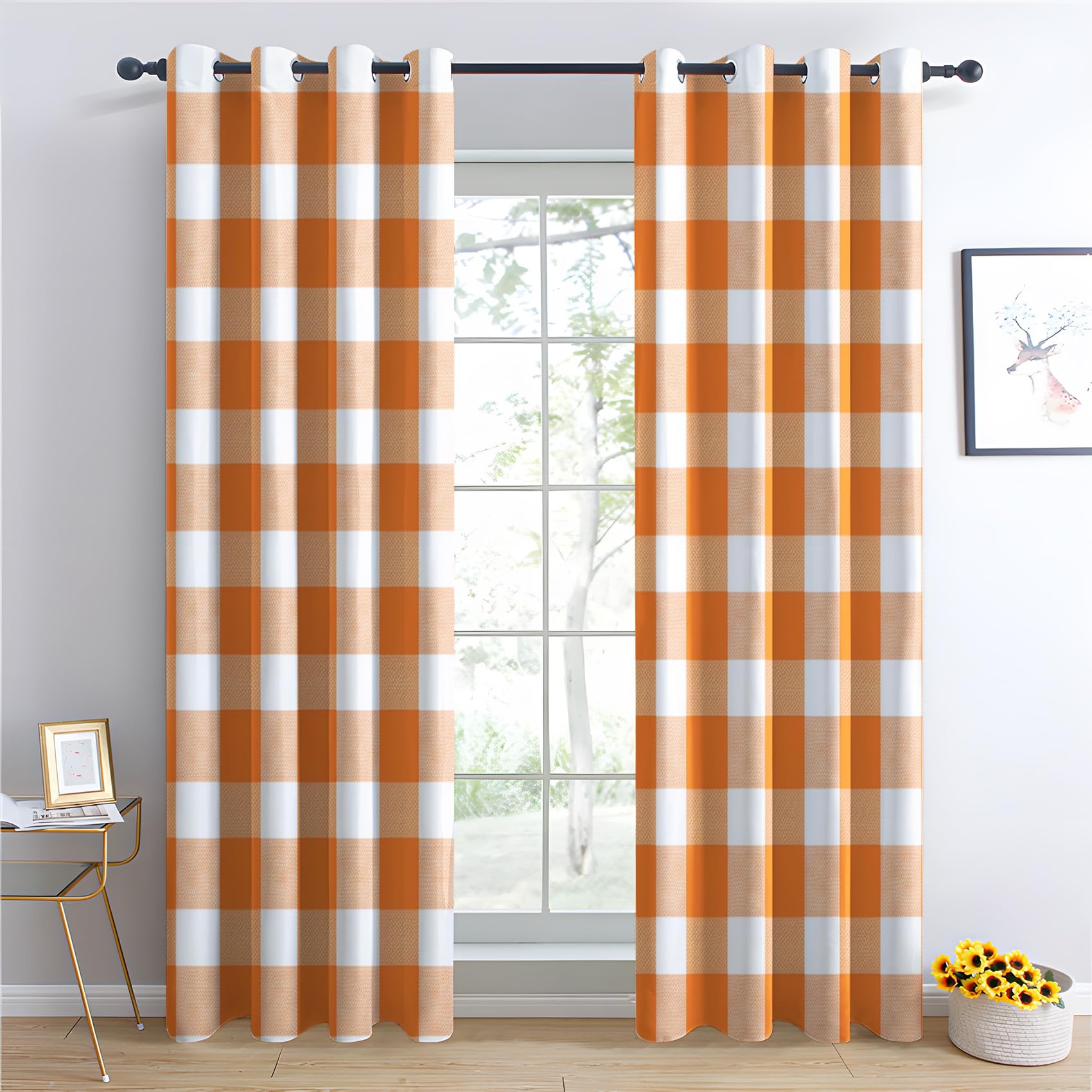 Gingham Bedroom Curtains Blackout - Orange and White Buffalo Plaid Living Room Curtains 90x108 Eyelet - Soft Thermal Insulated Patterned Drapes for Windows - 2 Panels