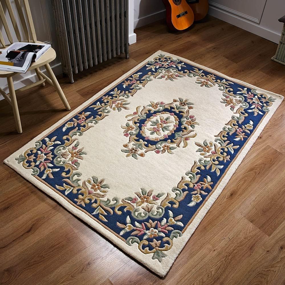 Handmade Royal Aubusson Wool Area Rug – Luxury Traditional Carpet, Space-Dyed Premium Wool, Unique Modern Design for Living Room, Bedroom & Dining Room (Cream Blue, 3' x 5')