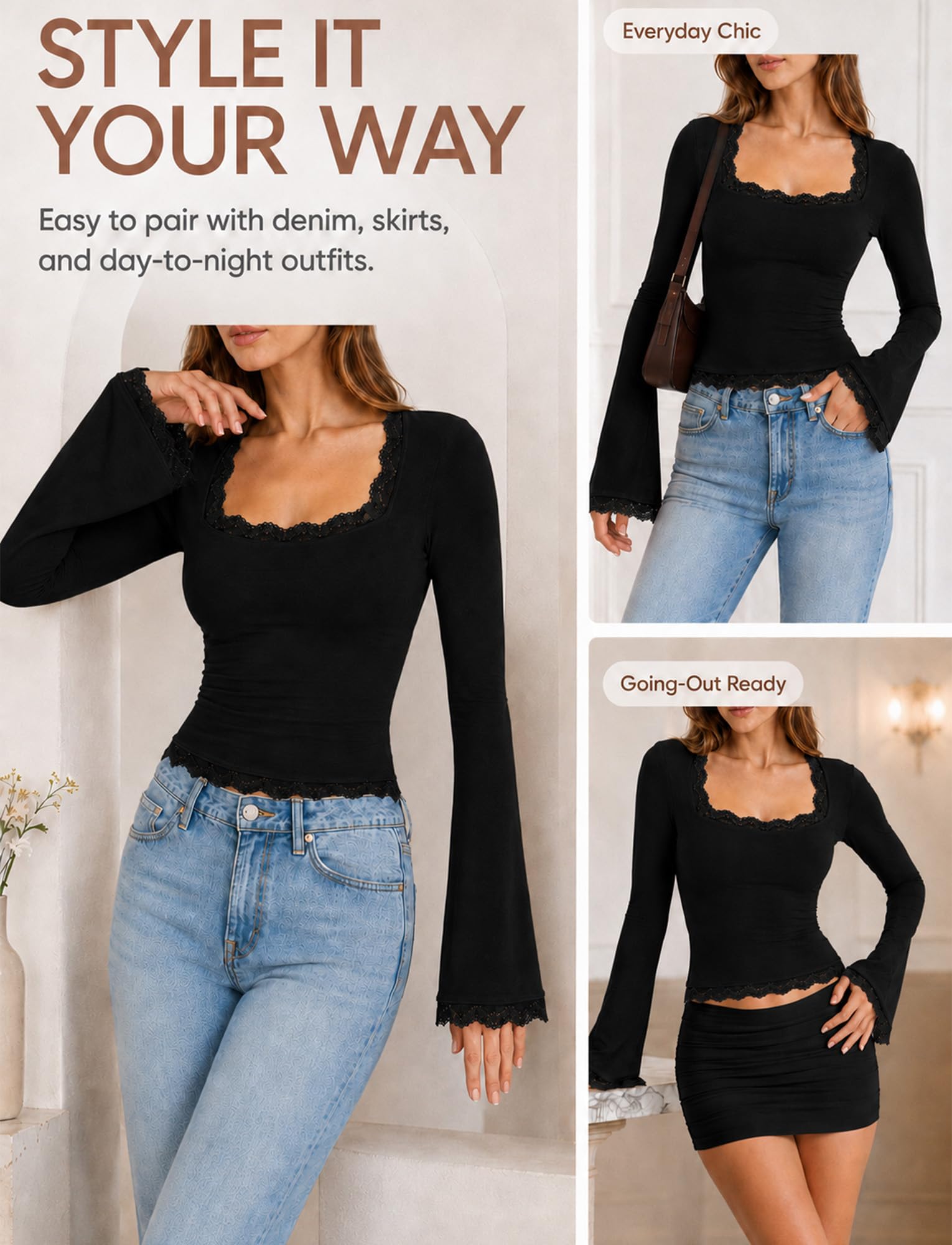 Donna Top Elegante Pizzo Camicia Maniche Lunghe Corna Blusa Scollo a Regno Sexy Cerimonia Feste Festival XS-XL
