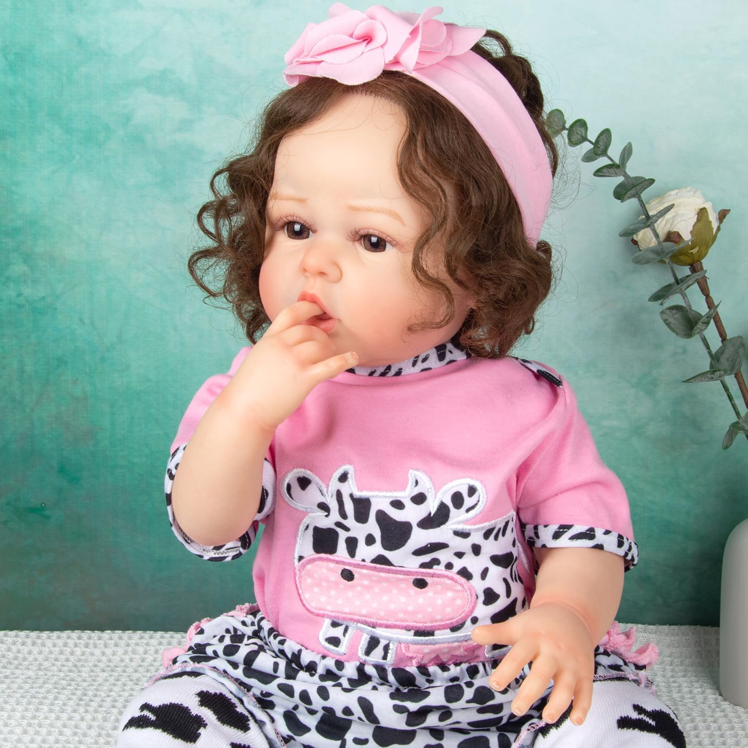 4Pcs Medylove Reborn Baby Dolls Clothes - Pink Dairy Cow Outfits for 20"-22" Reborn Dolls Neborn Baby Clothes Girl | Soft Cotton Baby Doll Clothes with Headband, Pink Dairy Design Newborn Baby Matching Outfits, Dress-up Pretend Game Toys Gift