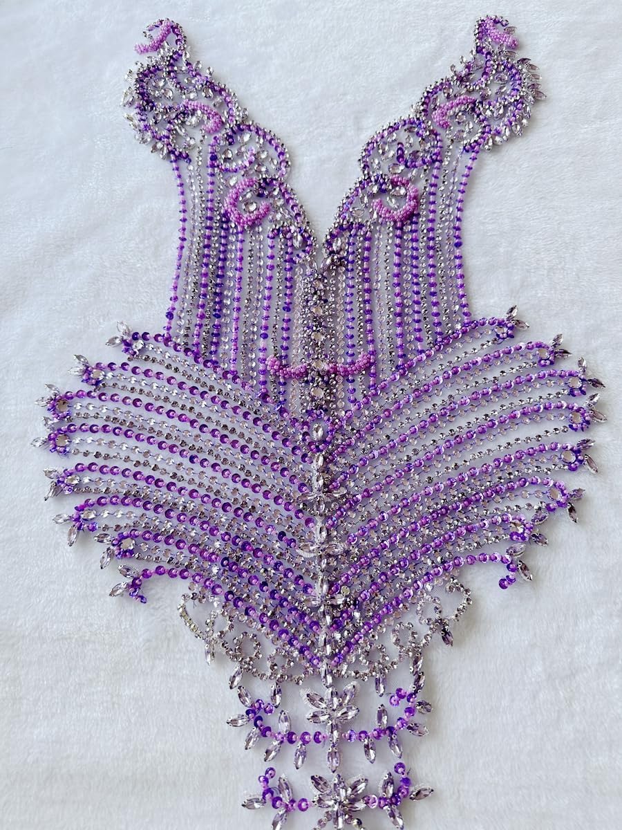 Handsewing Beads Sequins Rhinestones Large lace Applique Handmade shin Crystal Trim Patches Accessories for Dress Clothes (Lightpurple)