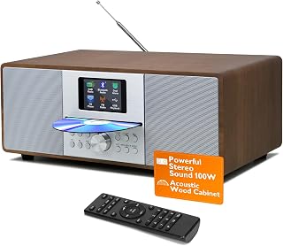 MS4+ CD Player FM Radio HiFi System I Bluetooth I Powerful Stereo System I FM Digital Radio IAcoustic Wood Cabinet I CD Player with Speakers I 40 Presets,Headphone Jack I Walnut Finish