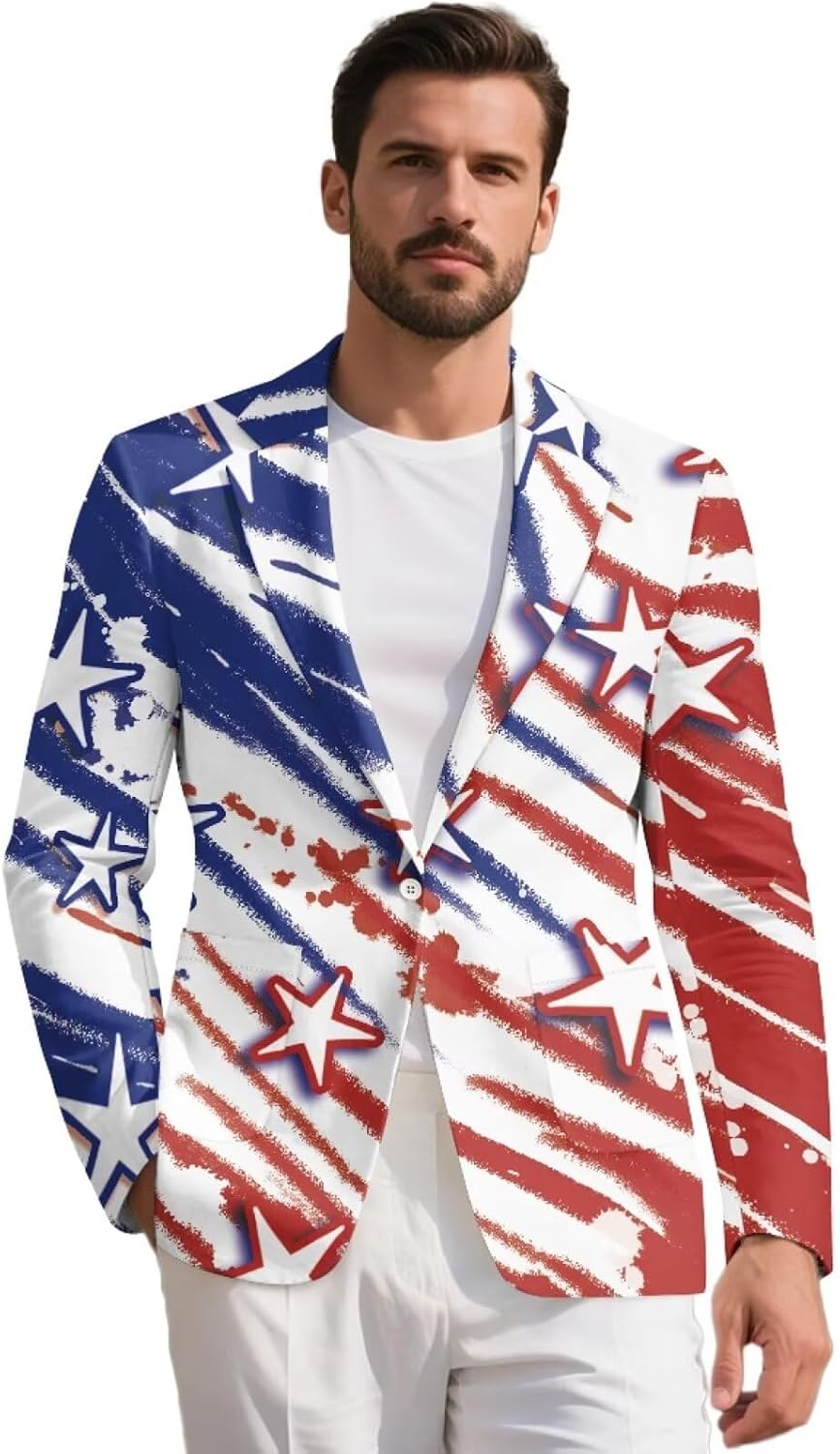 Men's One Button Blazer Jackets Suit Slim Fit Patriotic Blazers with Pockets US Anniversary Tuxedo Jacket