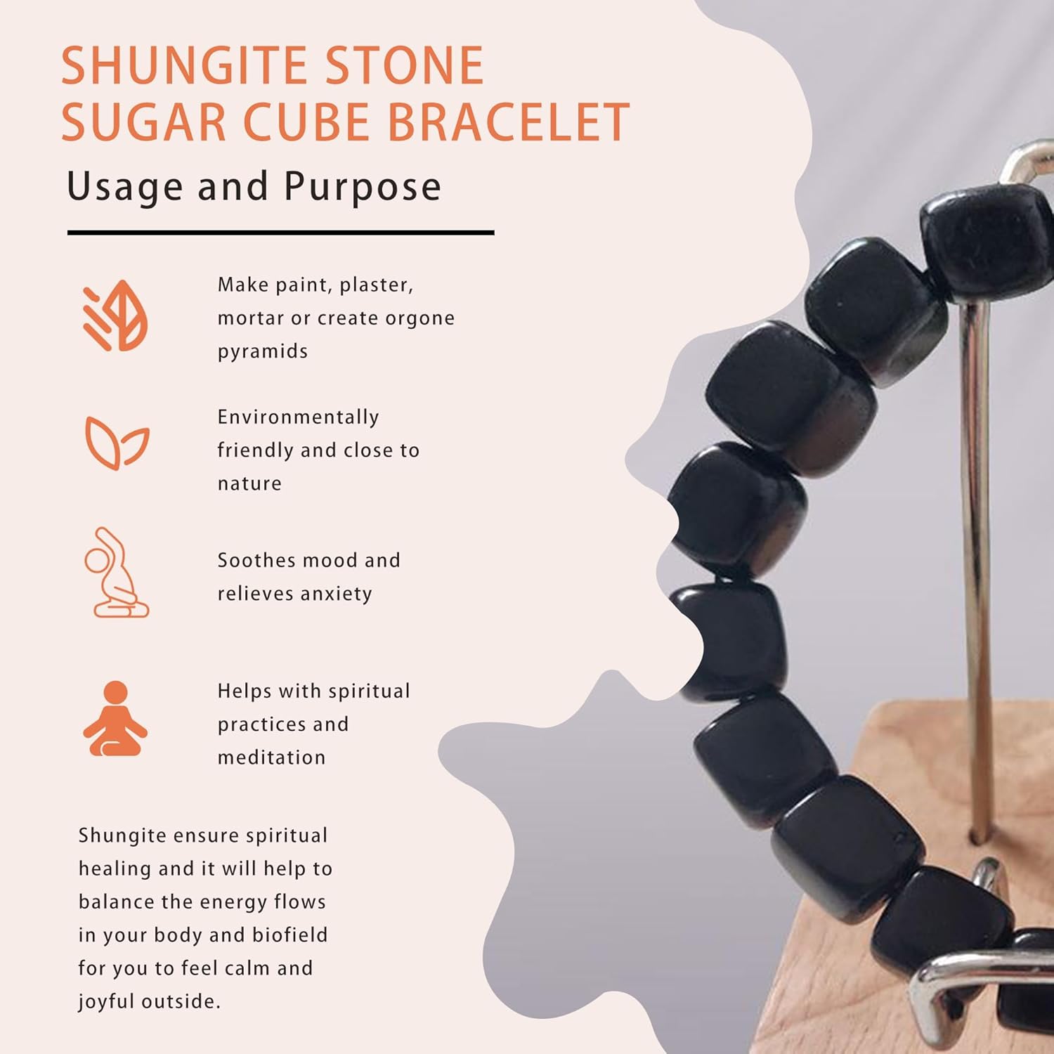 Shungite Stones Sugar Cube Beads Bracelet Chakra Balance - Handcrafted Jewelry - Healing Crystal Protection Bracelet- Crystal Spiritual Accessory - Image 5