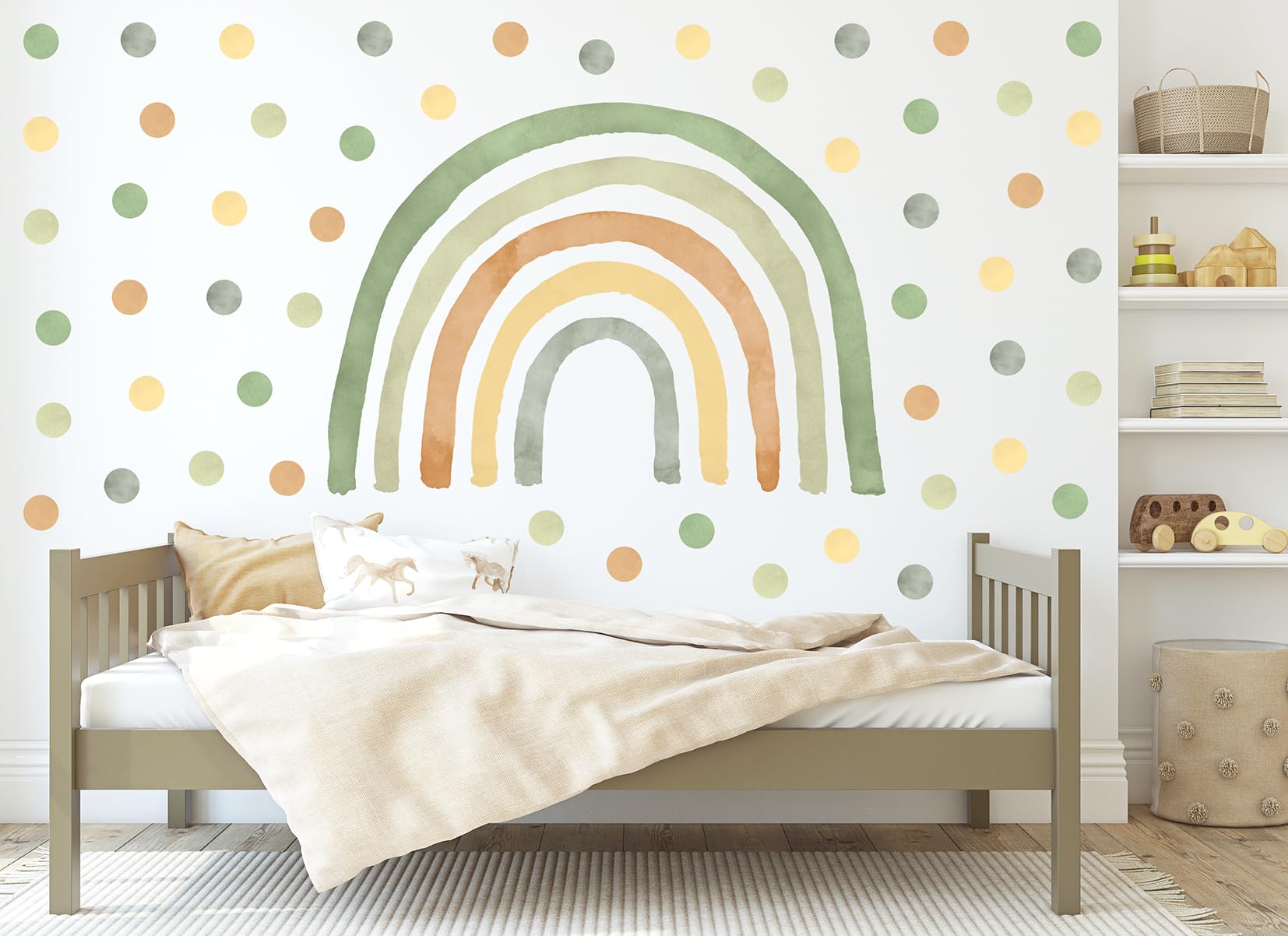 Adesivi da parete per bambini – Adesivi decorativi – Non tossici, sicuri, di alta qualità – Decorazione per la cameretta dei bambini – Set – Arcobaleno verde L + 50 pois/puntini