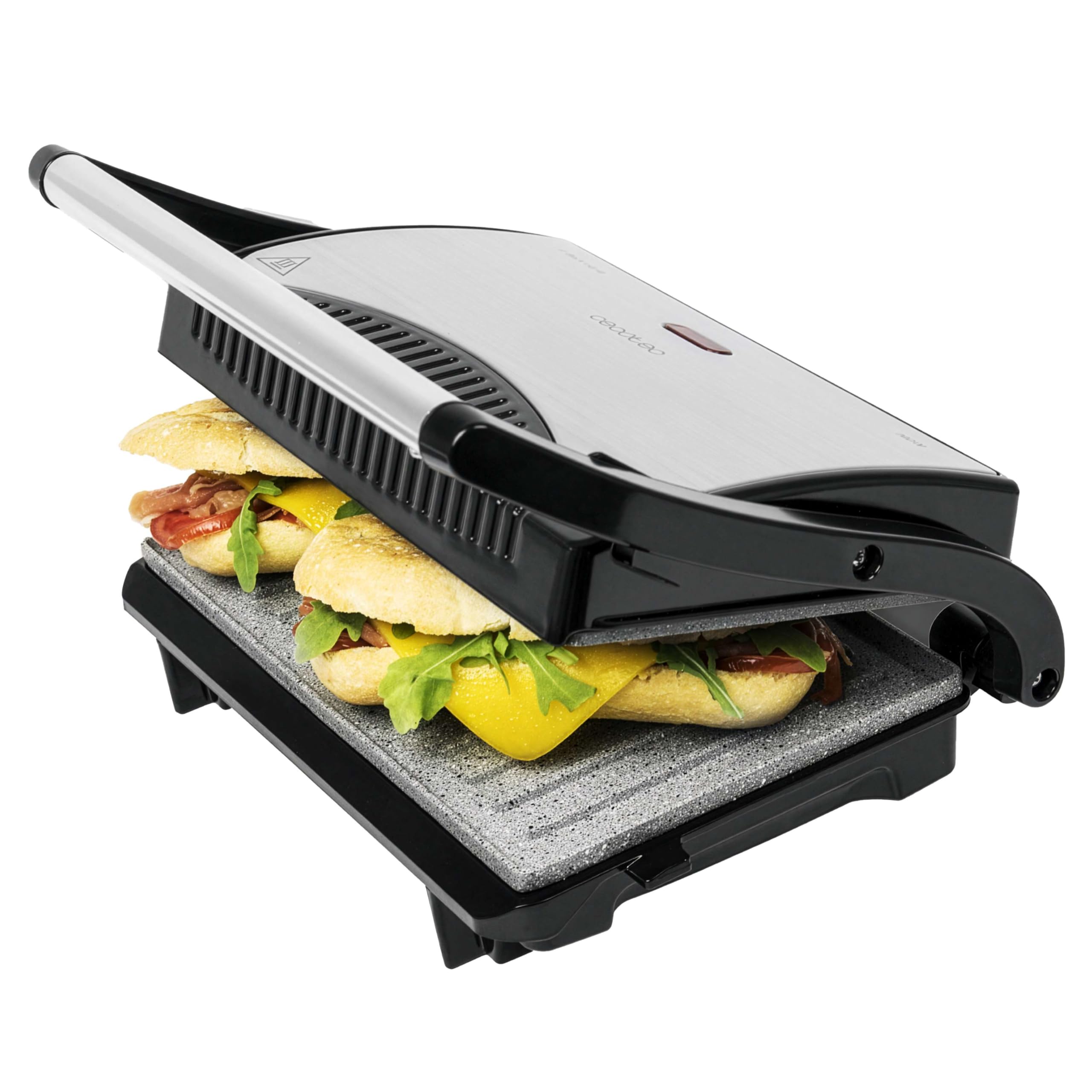 Cecotec Griglia elettrica con Grill Rock'n Grill. 700 W, superficie 23 x 14,5 cm, RockStone antiaderente, senza PTFE, PFOA, piastra galleggiante, maniglia fredda al tatto, indicatore luminoso