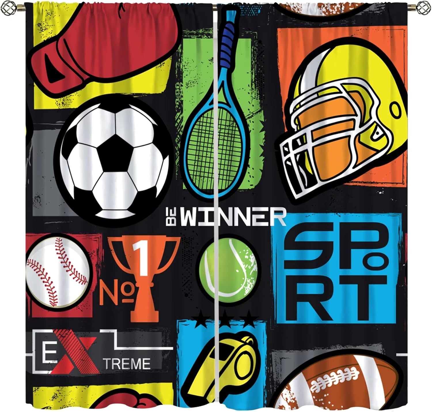 Sport Curtains, Abstract Basketball Soccer Football Rugby Baseball Sports Pattern Decor, Hockey Rod Pocket Curtains for Boys Bedroom Kids Teens Set 2 Panels, 42x54 Inches