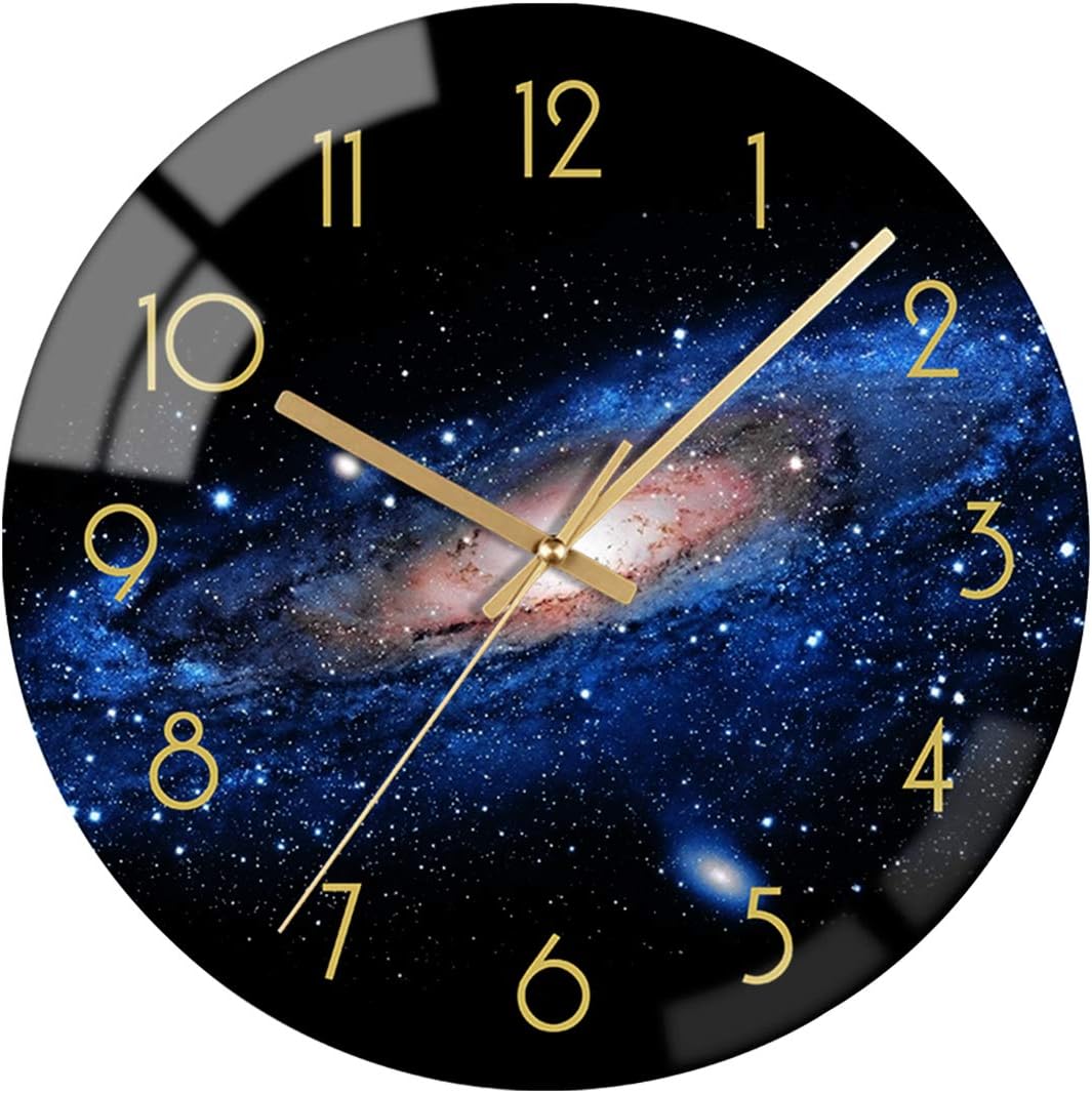 Black Wall Clock 12 Inch Round Silent Non-Ticking Quartz Battery Operated Wall Clocks Glass Night Sky Pattern Decorative Arabic Numerial Clock for Kitchen Living Room Dining Room and Bedroom