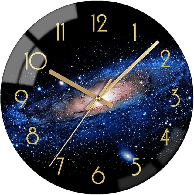 VIKMARI Black Arabic Numerial Wall Clock 12 Inch Silent Quality Quartz Battery Operated Wall Clocks- Round Glass Wall Clocks for Kitchen, Living Room, Dining Room and Bedroom - Night Sky Pattern