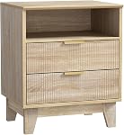 Anmytek Table de chevet fluté avec 2 Tiroirs, Table de côté moderne, Table d'extrémité de ferme pour canapé, Table du lit pour chambre, Design Fluted Waveform, Naturel