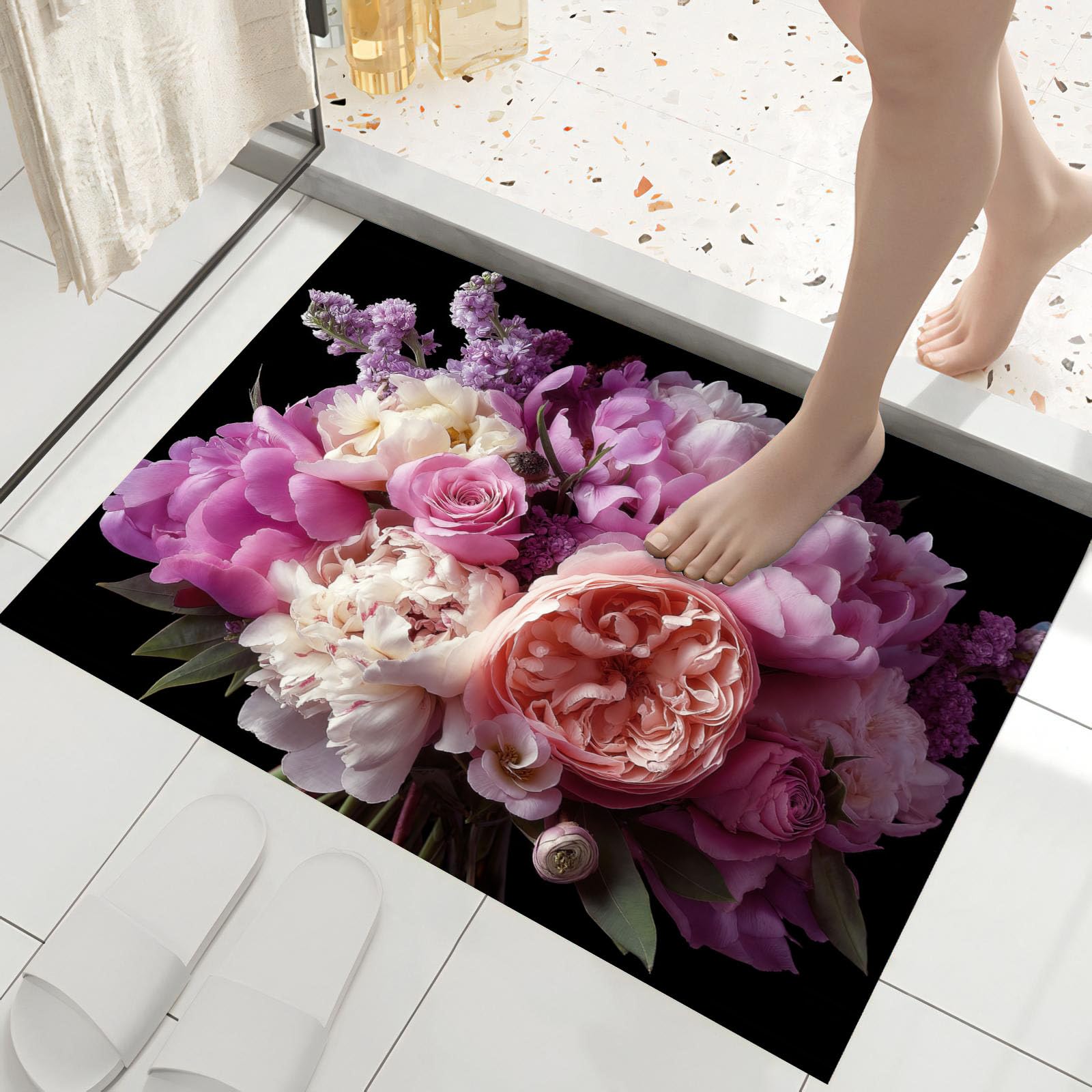 Tapis entree interieur lavable et anti-glisse motif fleurs roses