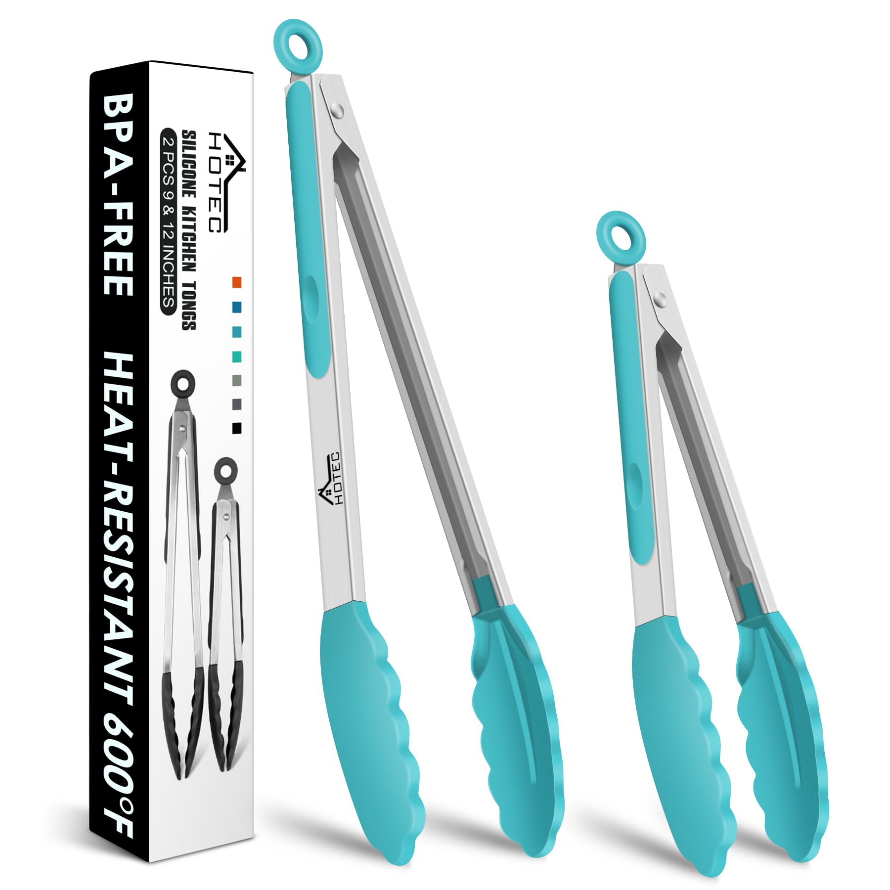 HOTEC Stainless Steel Kitchen Tongs with Silicone Tips, Set of 2-9" and 12"