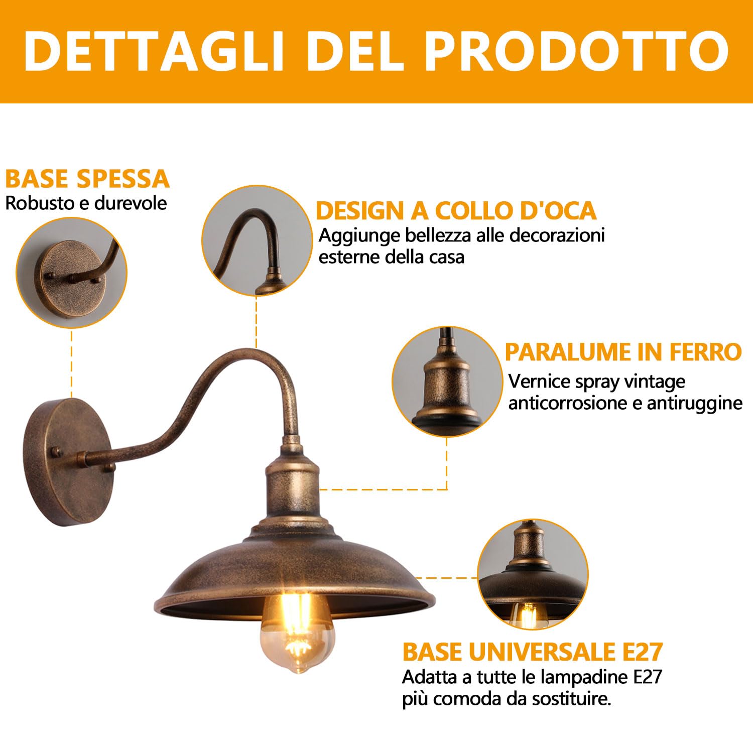 Applique da parete per esterni retrò rurale a collo di cigno Applique da parete impermeabile per portico da 9,3 pollici Luce da fienile per esterni Luce da garage antiruggine