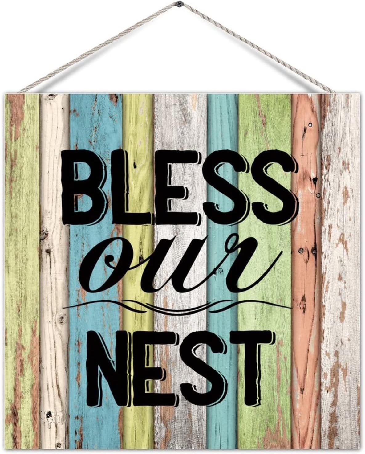 Rustic Wood Sign Plaque Bless Our Nest Home Saying Quote Shabby Chic Farmhouse Wooden Family Sign Wall Pediment Wall Decor for Patio Tabletop Living Room Home Accent 12x12in