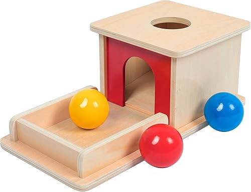 Miniatura 8 de Adena Montessori Juguete de madera para bebés de 6 a 12 meses, 3 bolas, caja de permanencia de objetos con puerta roja, juguete educativo colorido