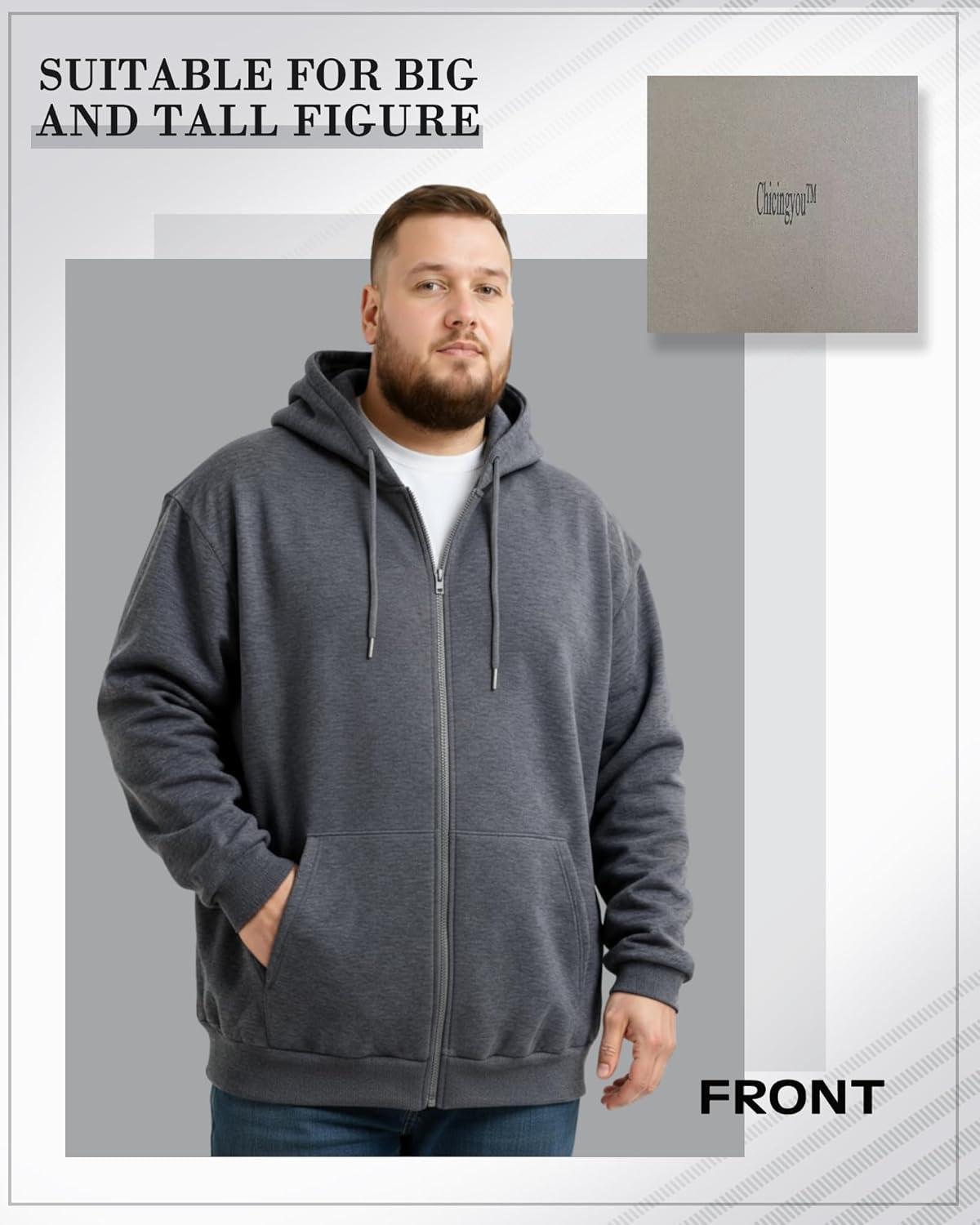 2 Pcs Men's Big and Tall Lightweight Fleece Full-zip up Hoodie Jacket Loose Fit Sweatshirt Jacket with Pocket - Image 4