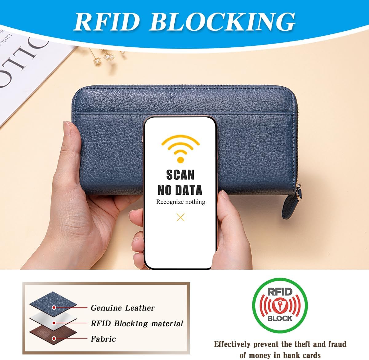 Wallets for Women RFID Blocking Real Leather Extra Long Large Capacity Zipper Clutch Wallet with 18 Card Slots,Navy Blue - Image 6