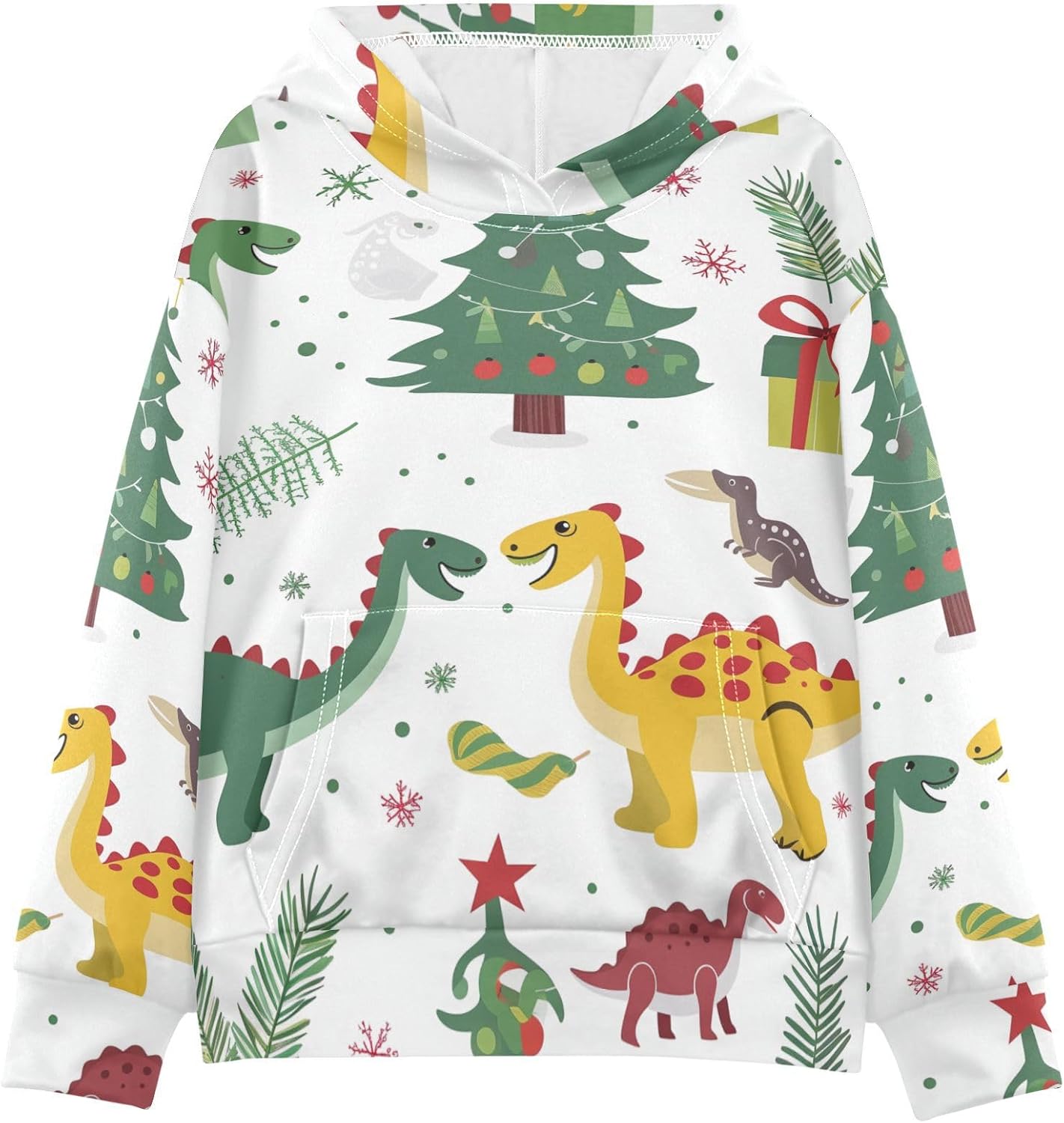 ZZXXB Dinosaur Christmas Tree Kids Sweatshirts Boys Girls Hooded Kangaroo Pocket Pullover Tops XS-XXL