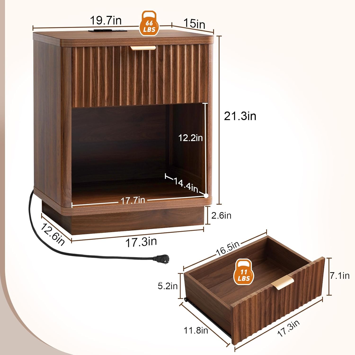 Fluted Nightstand with Charging Station, Wood Modern Night Stands Storage Cabinet for Bedroom, Walnut Bedside Table with Drawers