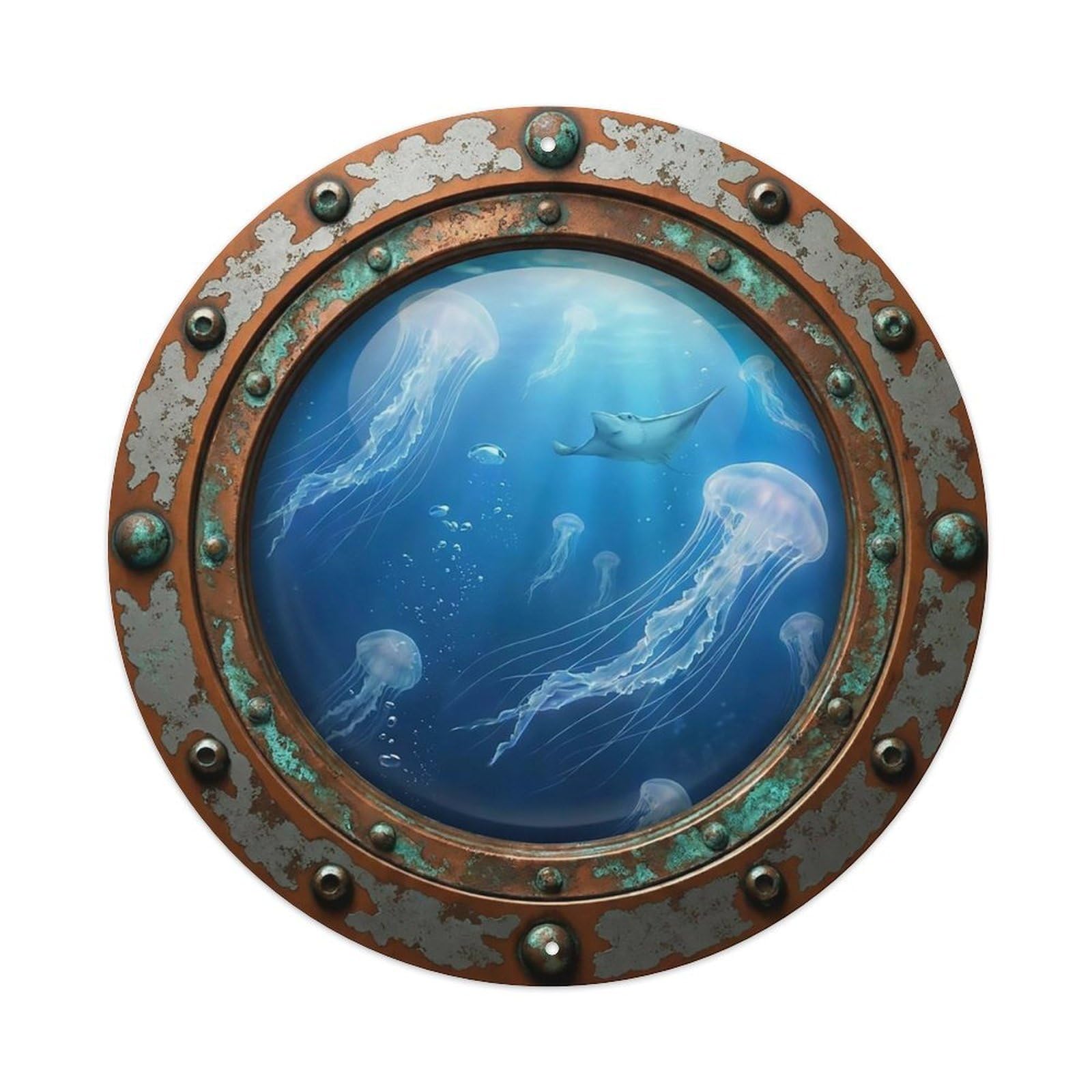 Vintage Porthole Jellyfish Nautical Window View Metal Tin Sign
