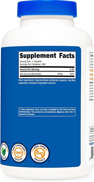 Nutricost Zinc Gluconate 240 Vegetarian Capsules (50mg) Gluten-Free | GMO-Free