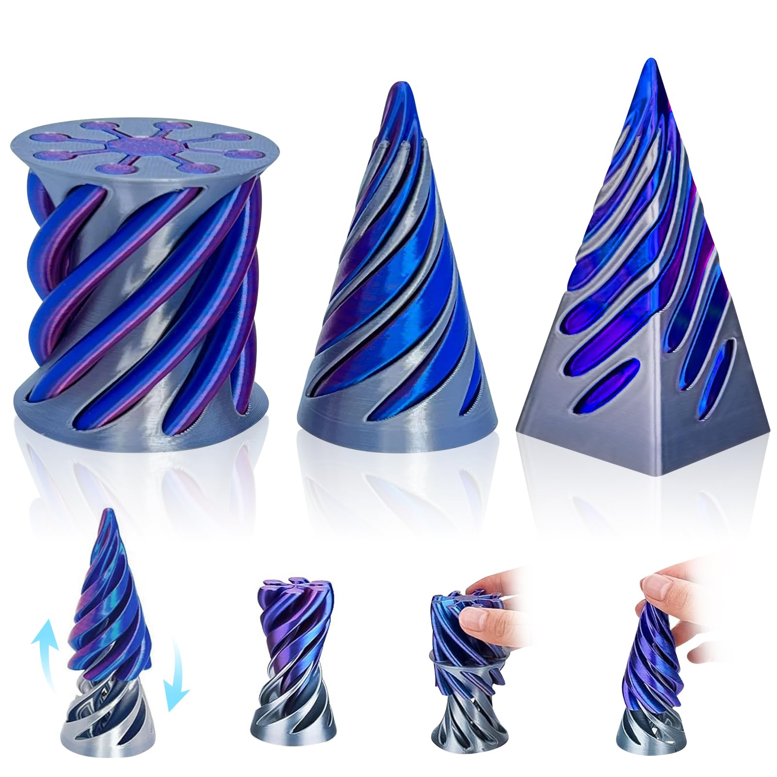 3Pcs Impossible Cone Fidget Toys Set 3D Printed Spiral Cone Fidget Toy Pyramid Passthrough Sculpture Mini Stress Relief Desktop Decorations Toy for Kids Adult Gift (Cone + Square Cone + Cylinder)