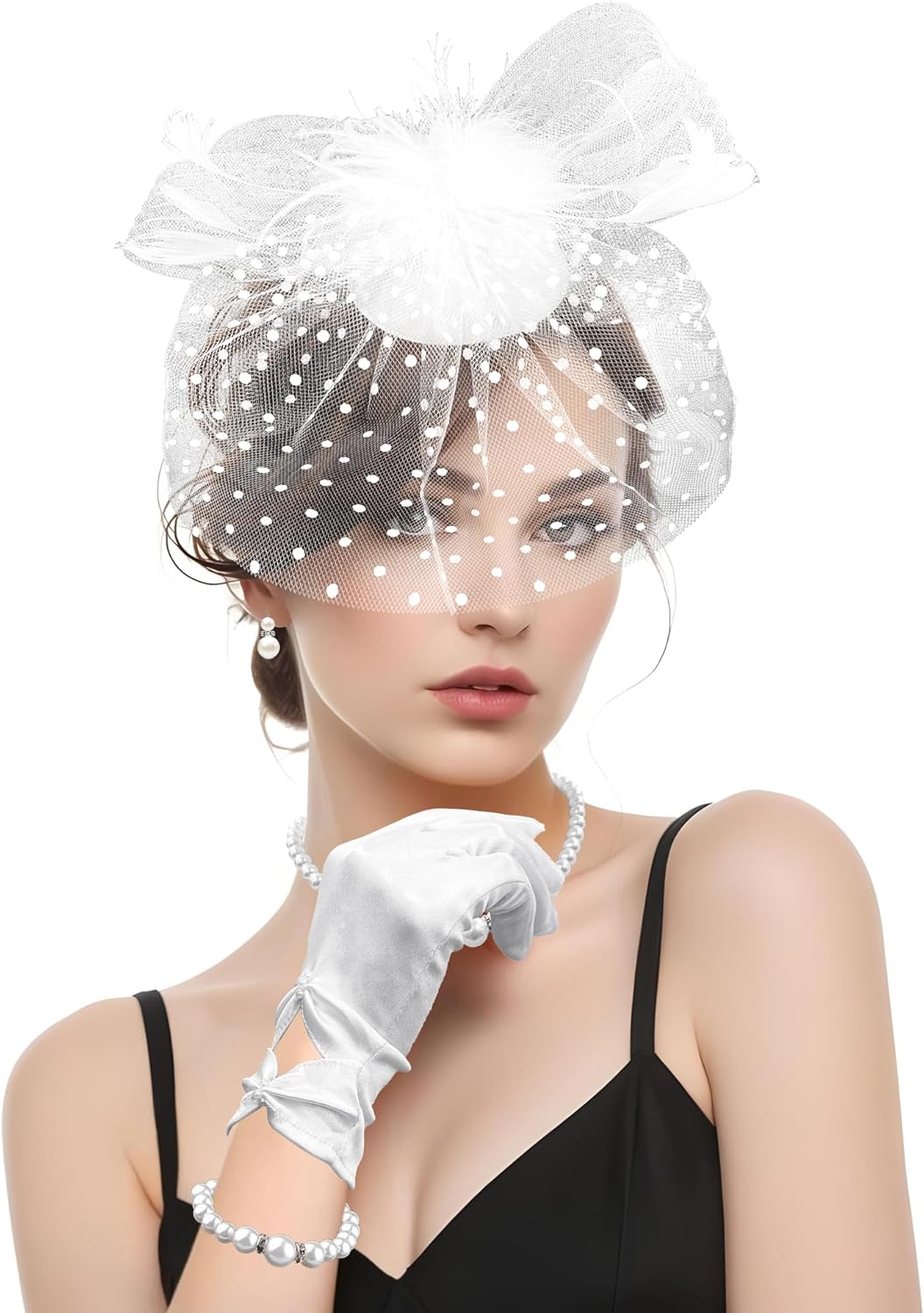 Fascinators Hat with Veil for Women Tea Party Funeral Wedding Cocktail 1920s Events, Satin Gloves and Pearl Jewelry Set - Image 4