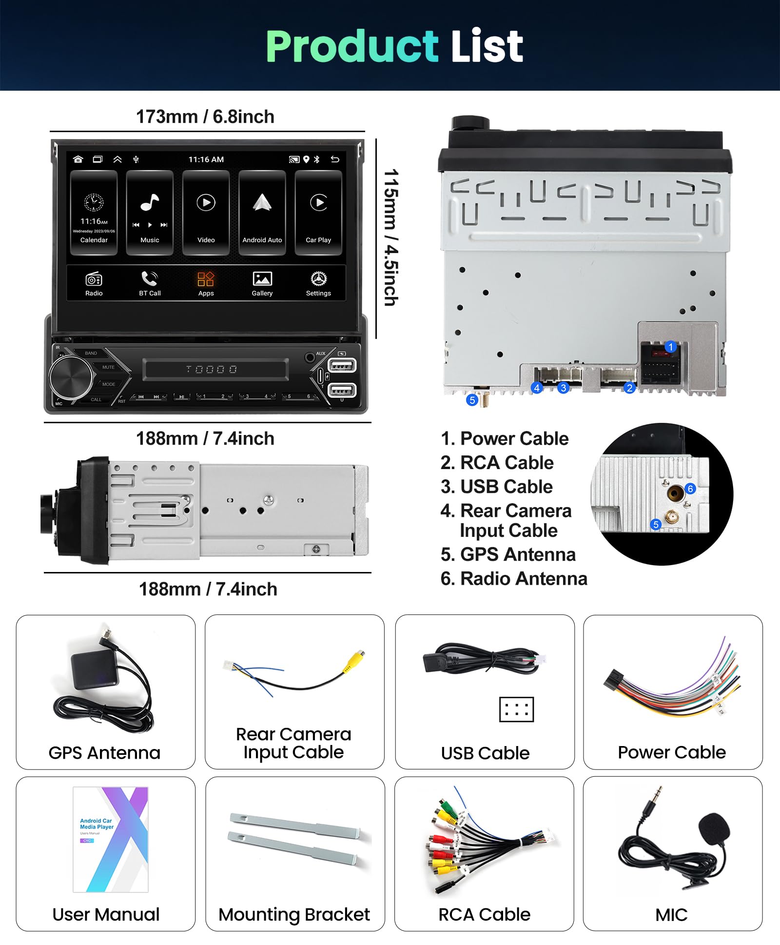 SIXWIN 2+64G Android 13 1 DIN Radio con Pantalla, 7 Pulgadas Radio Coche Pantalla Extraible Manual con Carplay/Android Auto/WiFi/GPS/Bluetooth/Mandos Volantes/FM/RDS/USB/Type-C/Aux