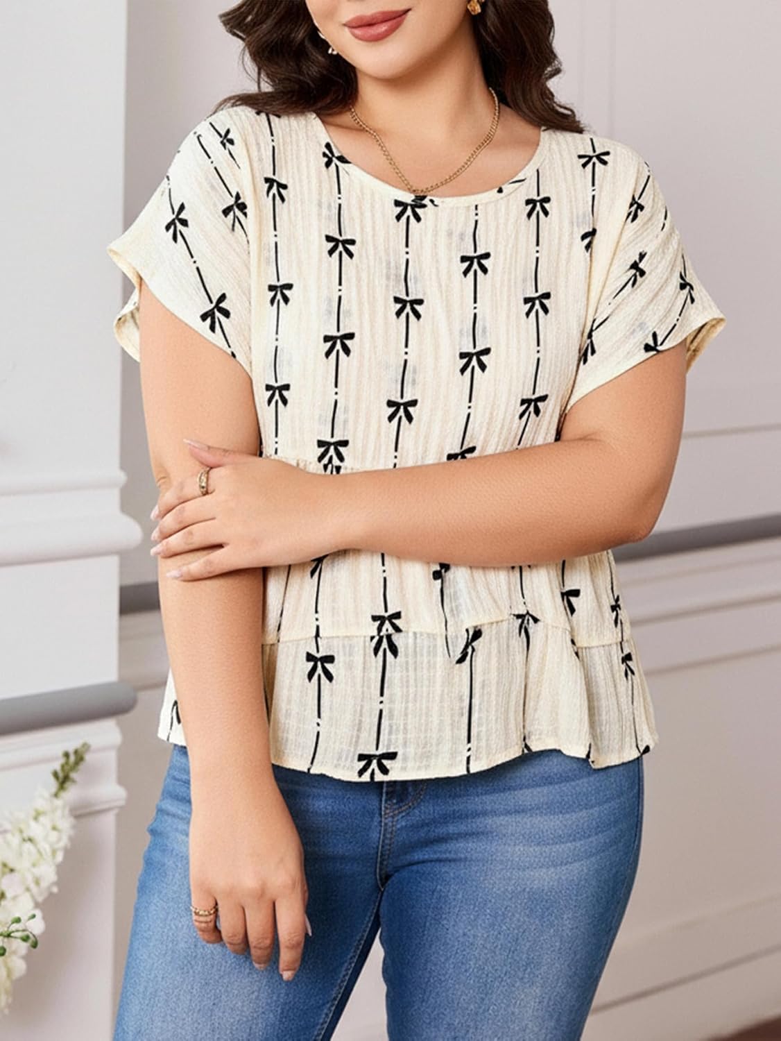 Women's Plus Size Bow Print Tiered Ruffle Blouse Summer Dressy Casual Short Sleeve Cute Tops - Image 4