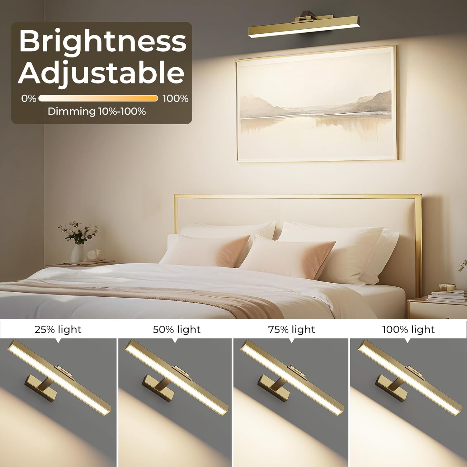Picture Lights for Wall, Brushed Gold Battery Operated Picture Light 16in Art Light CCT Dimmable Recharging Battery Wall Light with Remote Control for Living Room Gallery