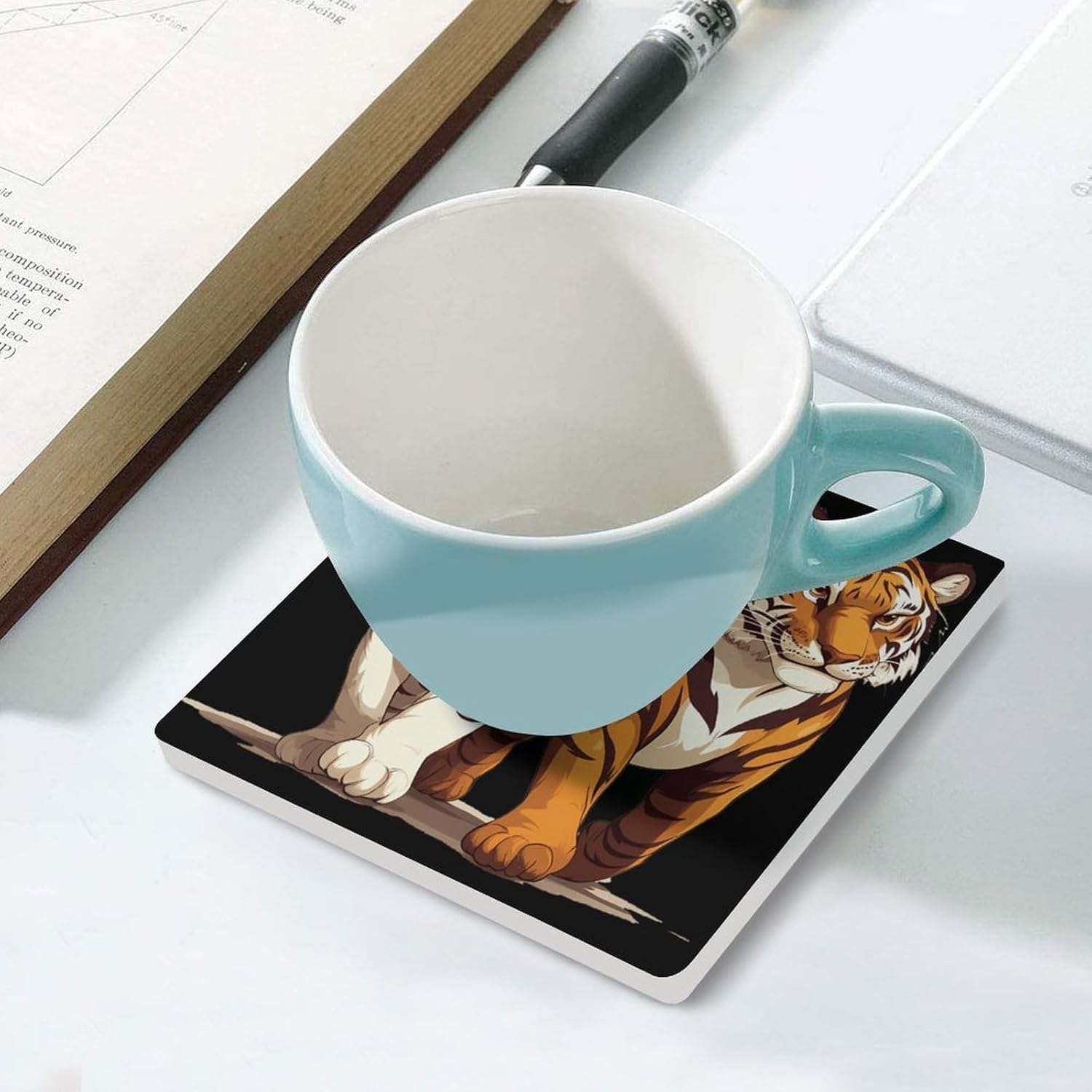 Funny Tiger Ceramic Coasters Set Square Drink Coasters Table Coaster for Kitchen Desktop Decor