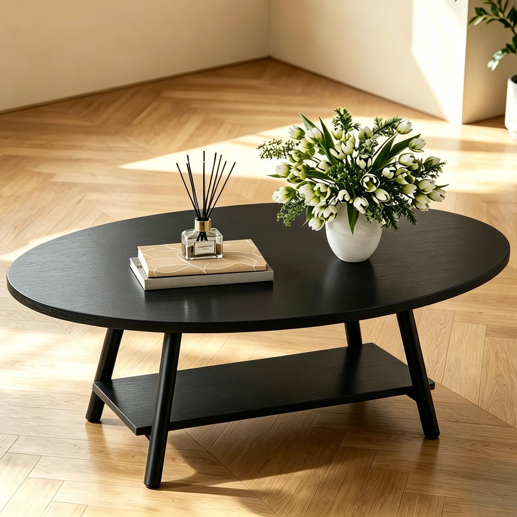 Hawthyhome Round Side Table 2-Tier Coffee Table with Storage Modern Solid Wood Table Metal Frame for Living Room Bedroom Black — image 1