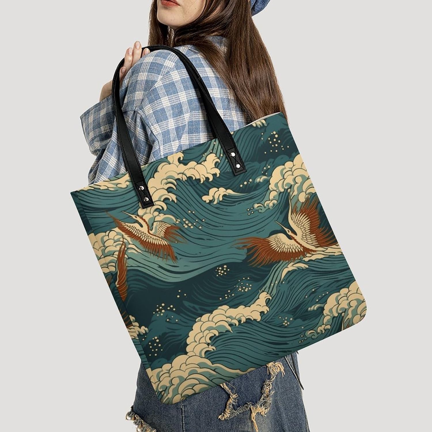 Japan Wave Wallpapers Tote Bag with Magnetic Buckle Reusable Grocery Bags Lightweight Cross Body Handbag for Daily Essentials