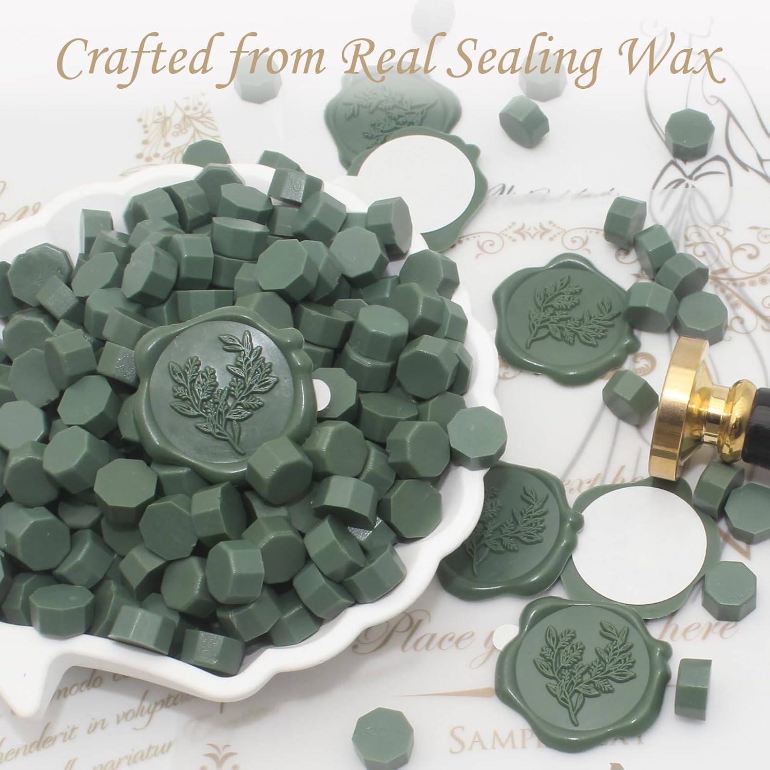 Botanical Eucalyptus Wax Seal Stickers - 60pcs Real Sealing Wax Pre-Made, Olive Green Wedding Invitation Stickers, Great for Envelope Letter Seal, Bridal Crafts & Gift Wrapping