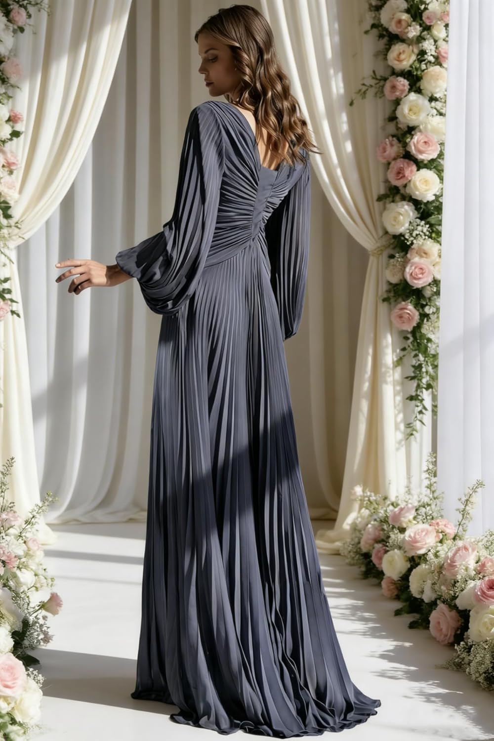 Long Sleeve Bridesmaid Dresses with Pleated Chiffon V Neck Formal Dress Long Ball Gown