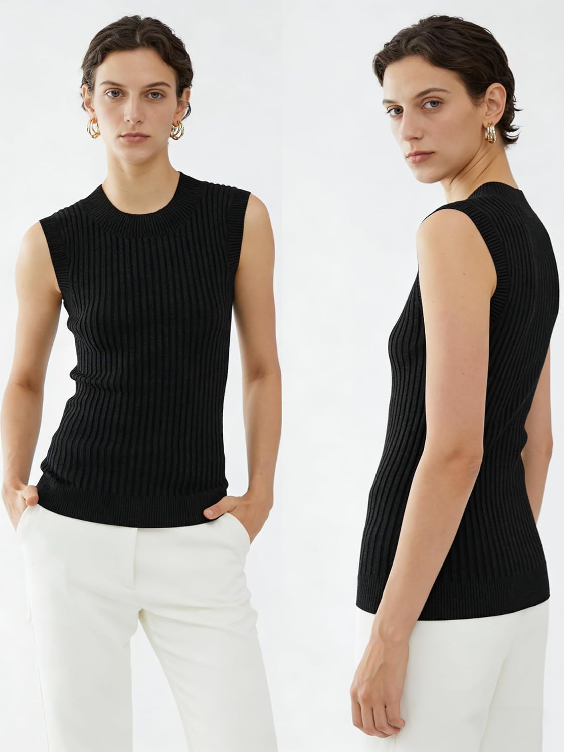 v28 Women Crew Neck Sleeveless Stretchable Knit Sweater Shirts Tank Tops - Image 2