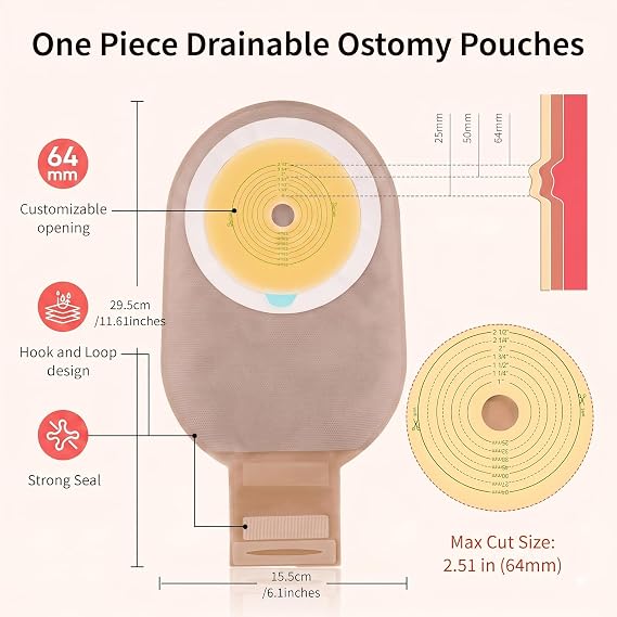 70 Pcs Colostomy Bags, One Piece Ostomy Supplies with Hook and Loop Closure for Ileostomy Colostomy Stoma Care, Cut-to-Fit Drainable Pouches, 64 mm Max Dual-Layer Non-Woven Ostomy Bags