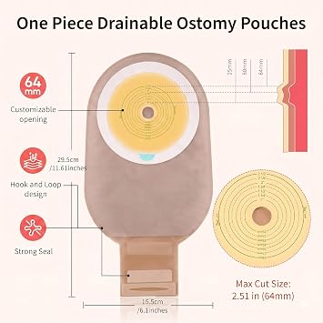 70 Pcs Colostomy Bags, One Piece Ostomy Supplies with Hook and Loop Closure for Ileostomy Colostomy Stoma Care, Cut-to-Fit Drainable Pouches, 64 mm Max Dual-Layer Non-Woven Ostomy Bags