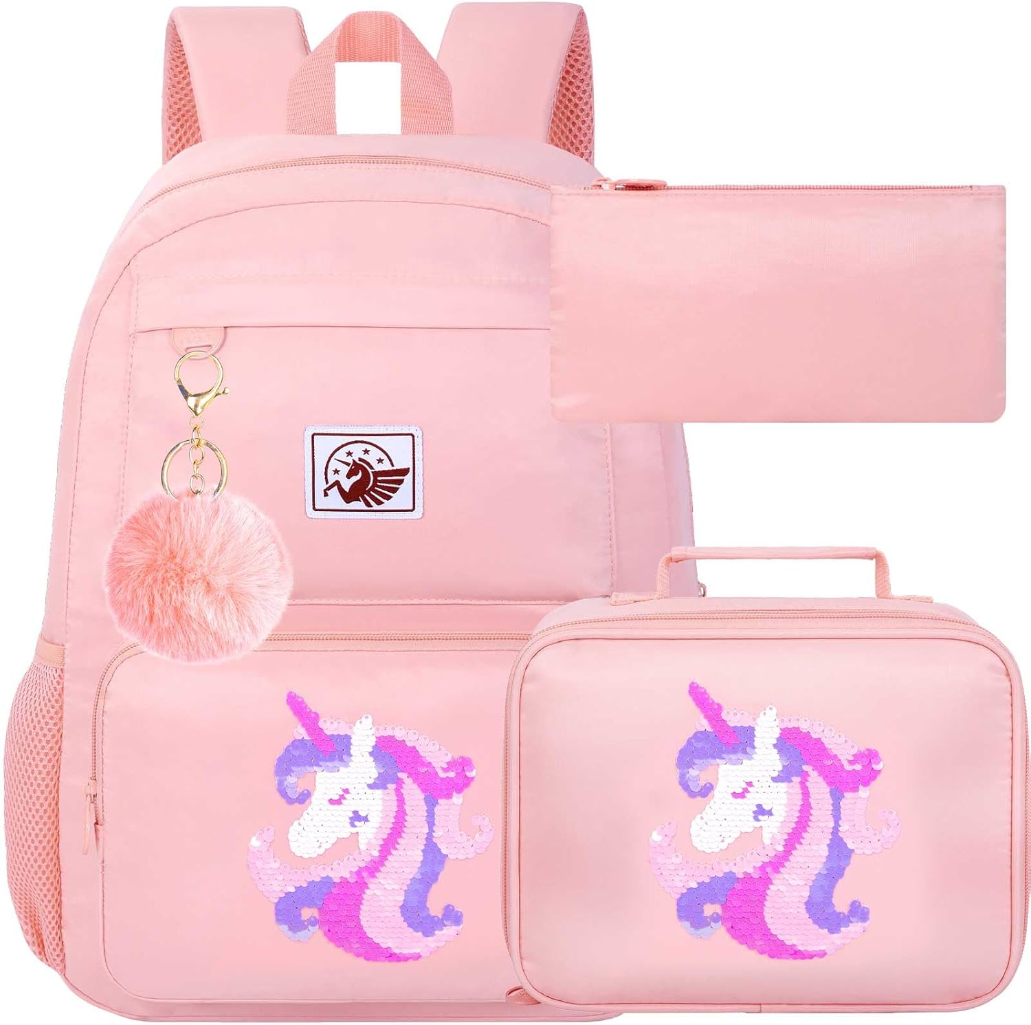 gxtvo 3PCS Unicorn With Sequin Backpack, Water Resistant Girls Aesthetic Bookbag with Lunch Box, 18 Inch Cute Anti Theft School Bag Set for College Teenagers Senior Junior Elementary - Pink Unicorn