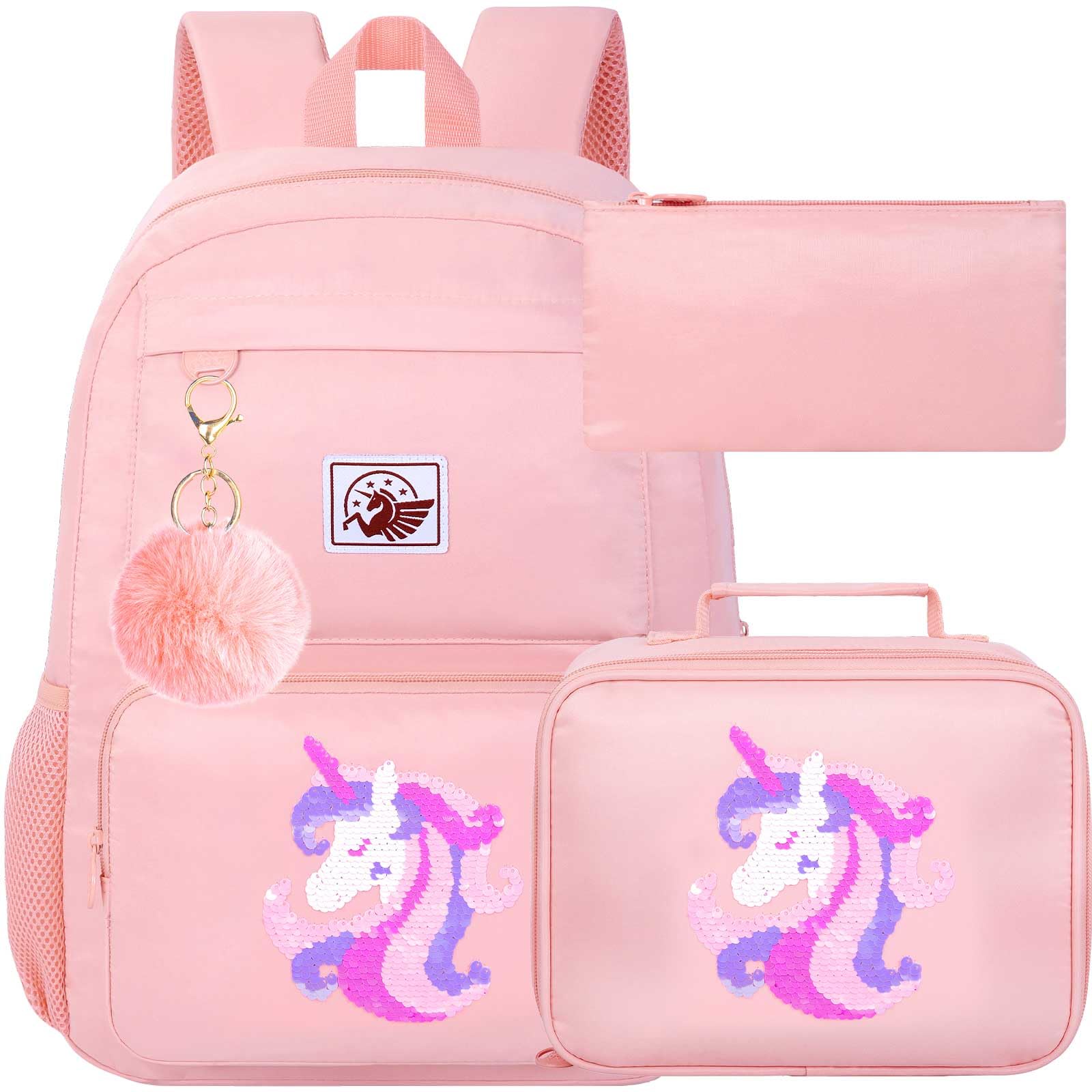 gxtvo 3PCS Unicorn With Sequin Backpack, Water Resistant Girls Aesthetic Bookbag with Lunch Box, 18 Inch Cute Anti Theft School Bag Set for College