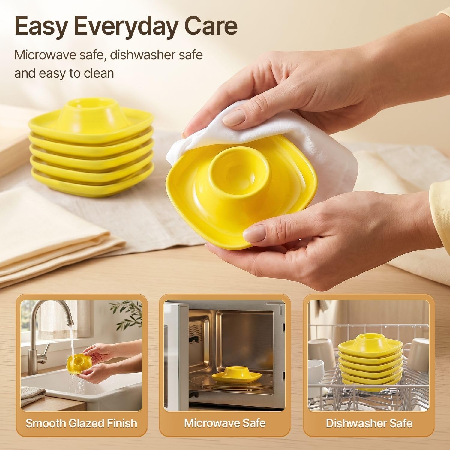 Flexzion Coquetiers pour œufs à la coque - Lot de 6 en céramique - Coquetiers empilables avec socle pour service, petit-déjeuner, brunch - Décor de table, Jaune