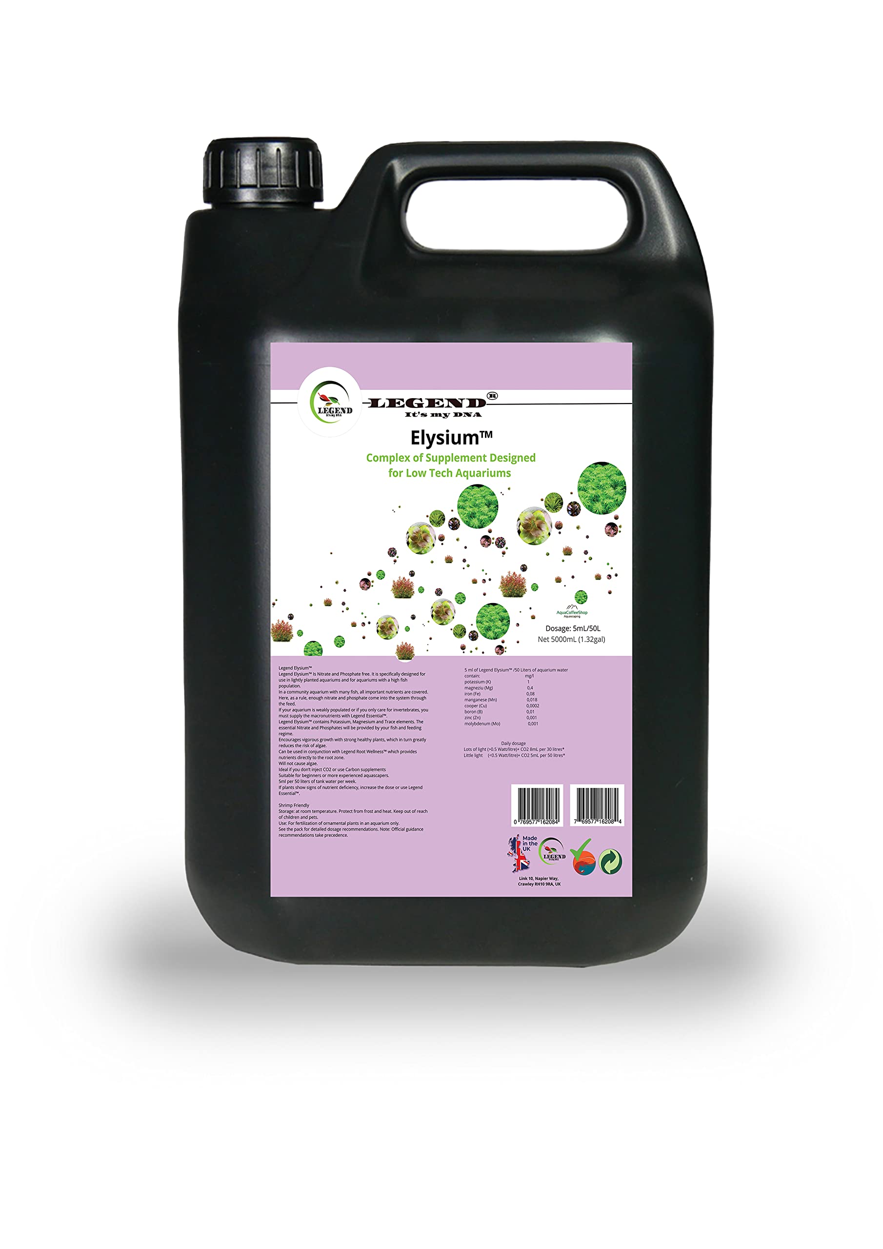 Legend Elysium Aquarium-Dünger, nitrat- und phosphatfrei, Low Tech, 1000 ml, 250 ml, 5000 ml