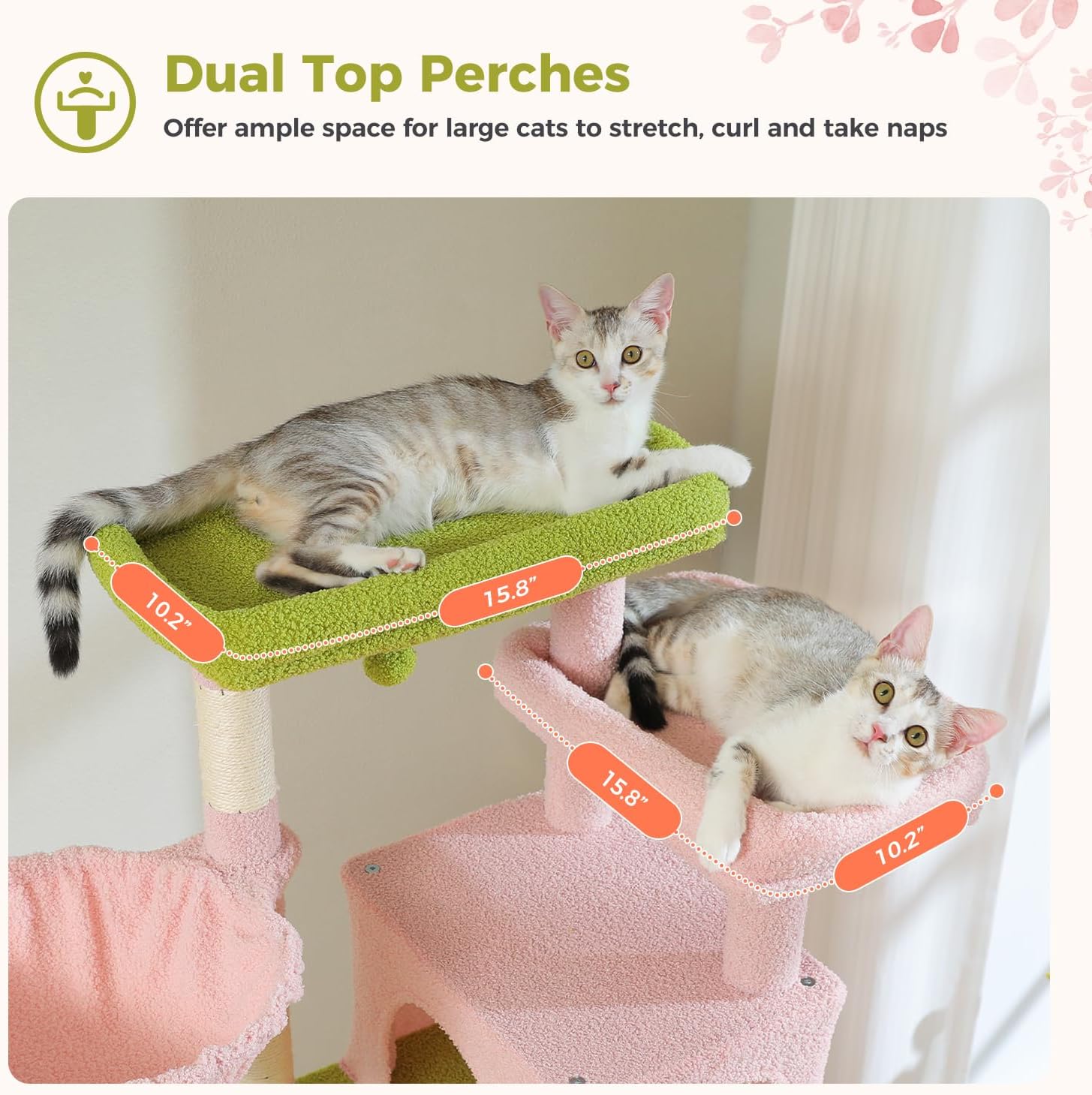 69” Tall Cat Tree for Indoor Cats Large Adult, Multi-Level Cat Tower with Scratching Post, Dual Top Perches, Big Hammock & 2 Spacious Condos, Cat Furniture for Multi-Cat Households, Pink/Green