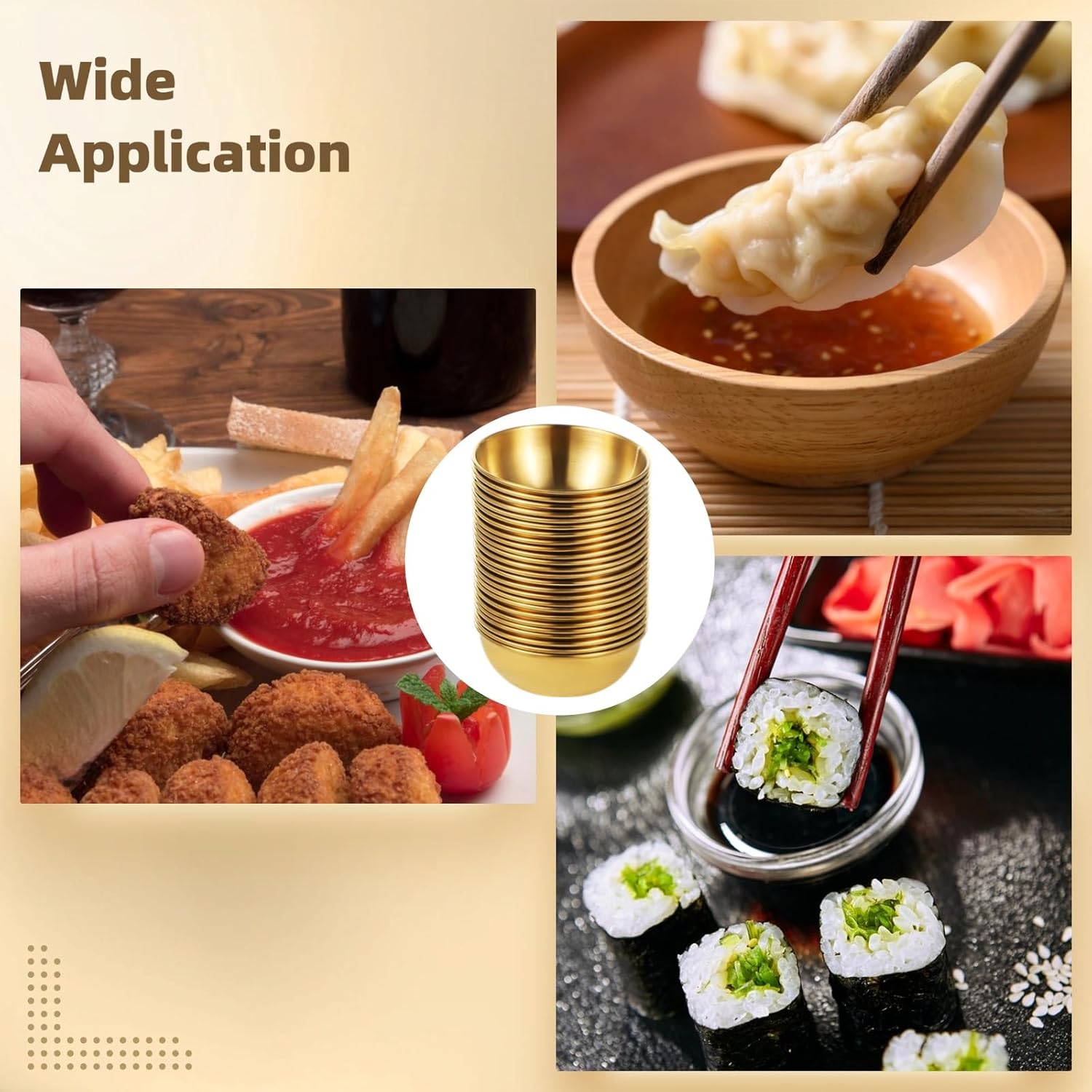 50 PCS Round Golden Sauce Bowls, 3.2 x 1.2 Inches Stainless Steel Dipping Sauce Cups, Reusable Metal Ramekins, Bowls for Ketchup, Marinara, BBQ Sauce, Appetizers, Facial Bowl for Esthetician Use