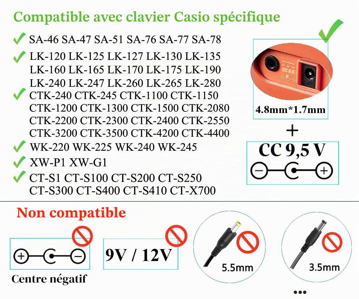 Adaptateur Secteur AC à DC 9,5V 1A, Fiche 4,8 mm x 1,7 mm, Centre Positif, pour Clavier Piano Casio spécifié - Compatible Uniquement avec Les modèles listés