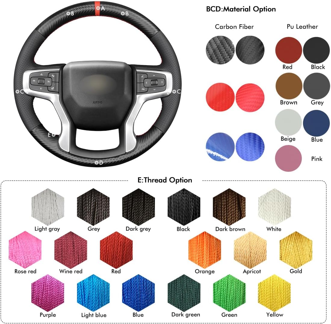 MEWANT Steering Wheel Cover for Chevy Silverado 1500 2019-2024/2500 3500 2020-2024/Blazer 2019-2024/Suburban Tahoe 2021-2024 Carbon Fiber Hand-Stitched Steering Wheel Wrap